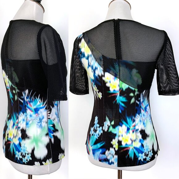Elie Tahari Black Floral Scuba Mash Short Sleeve Top Sz S - Picture 3 of 16